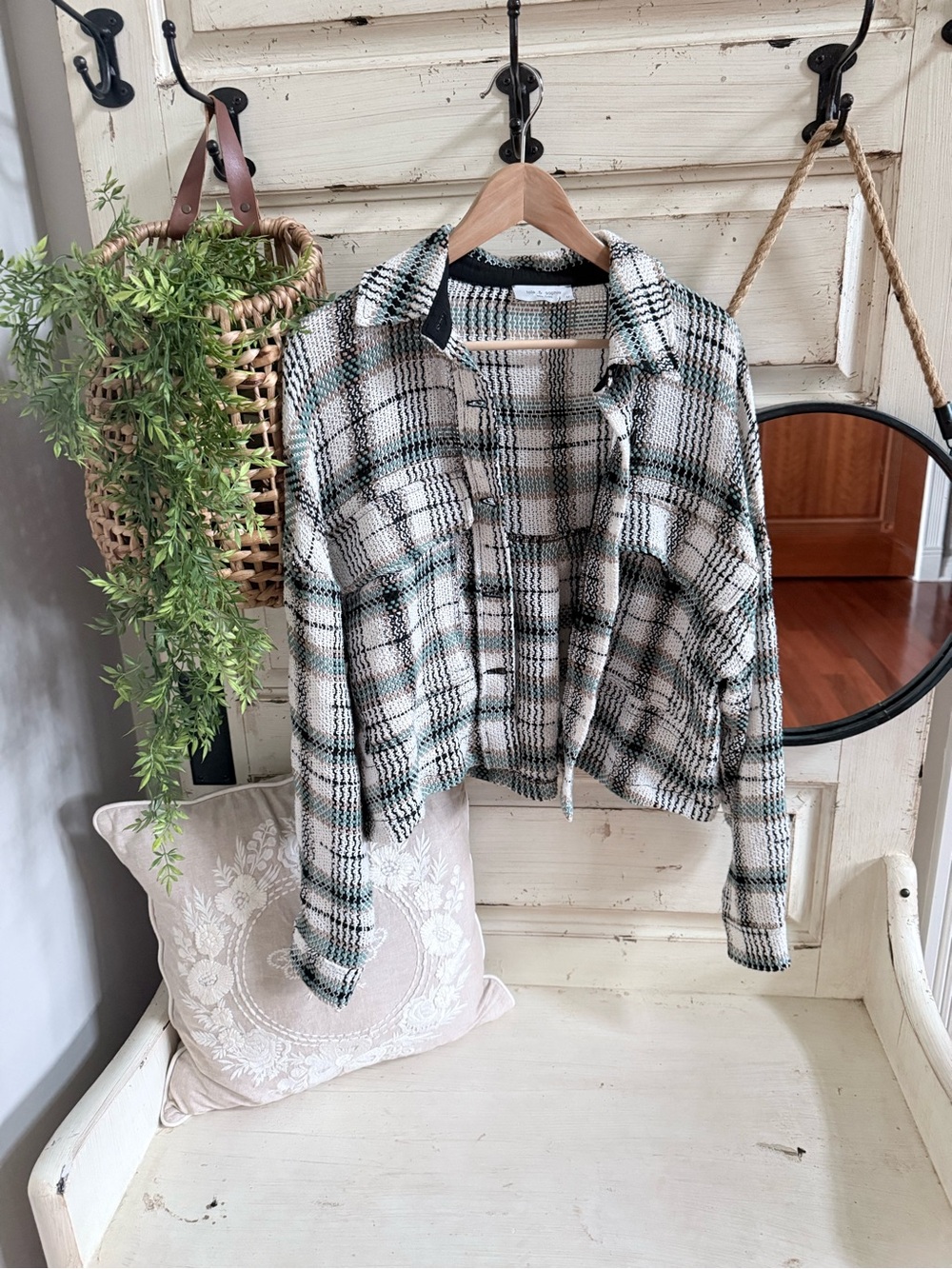 Cropped knit Plaid Button-Down Shirt Jacket